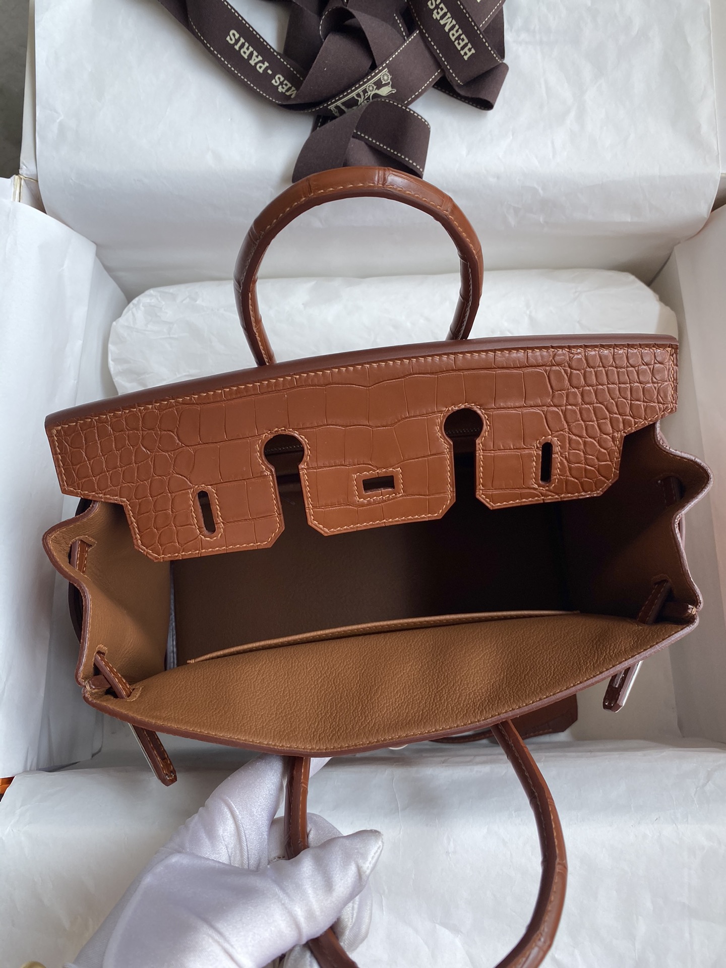 Hermes Touch Birkin 25CM Bag In Brown Togo and Matte Alligator Crocodile Leather